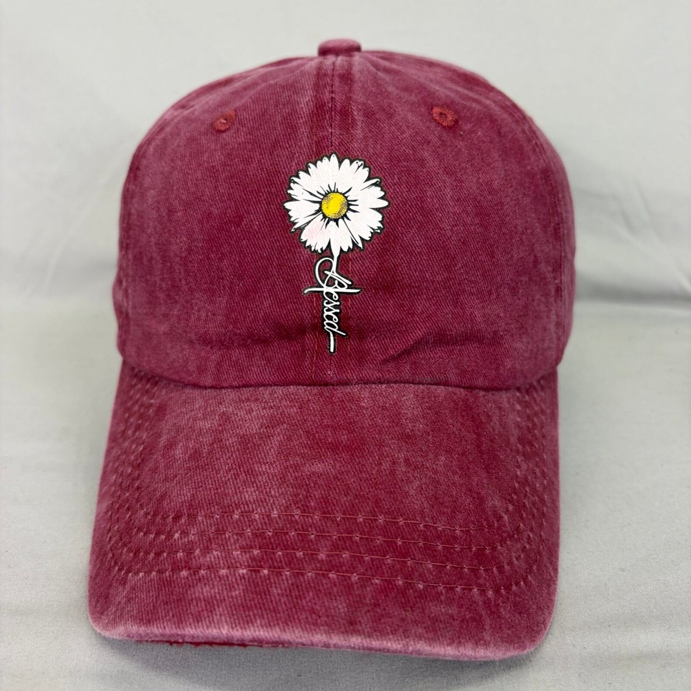 Unbranded Baseball Cap Blessed Daisy Women OS Burgundy Washed Cotton Hat